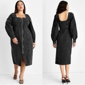 Future Collective Kahlana Barfield Women’s Black Zip Front Denim Jean Midi Dress